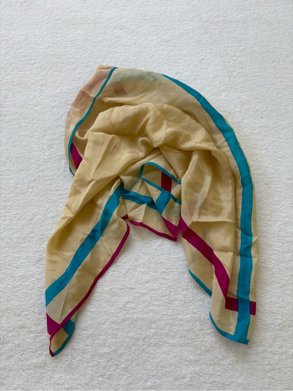 Elegant Beige Silk Scarf with Teal and Magenta Trim